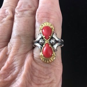 Carolyn Pollack American West Red Coral Sterling Silver and Brass Ring 7.5